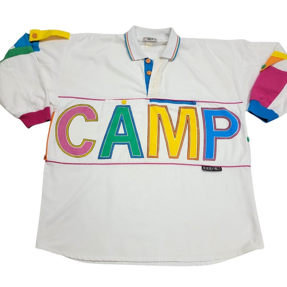 Vintage Camp Beverly Hills Spellout Colorblock Pullover Shirt Medium 80s